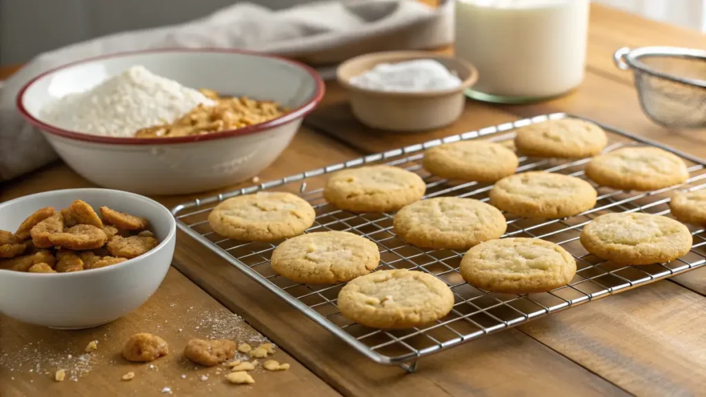 "Freshly baked muddy buddy cookies on a cooling rack, coated with powdered sugar."