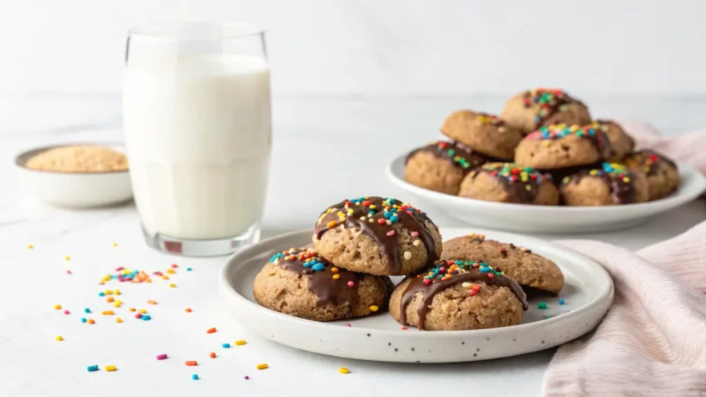 "Vegan muddy buddy cookies with a side of almond milk."