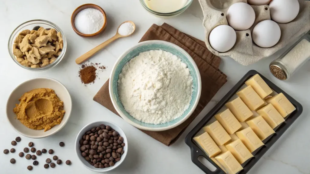 "Ingredients for muddy buddy cookies arranged on a kitchen counter."