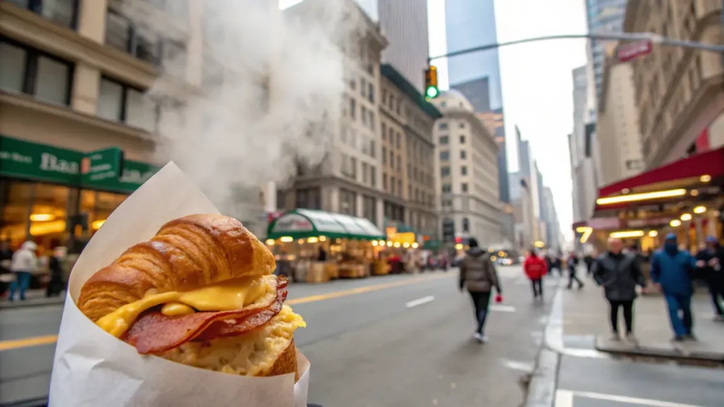 A freshly prepared bacon egg and cheese croissant in a takeout wrapper with a city street in the background.