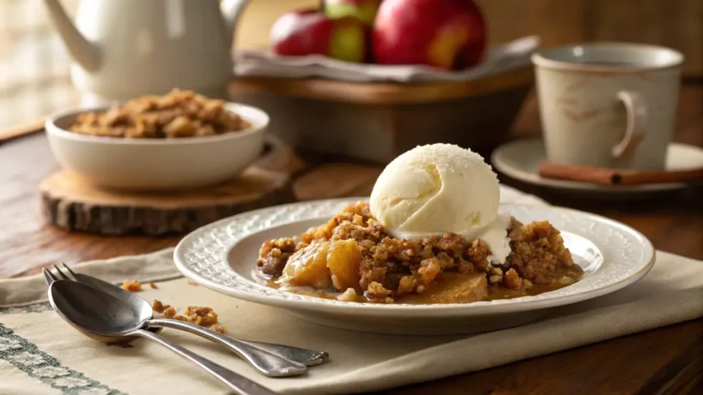 "Warm apple crisp served with vanilla ice cream on a plate"