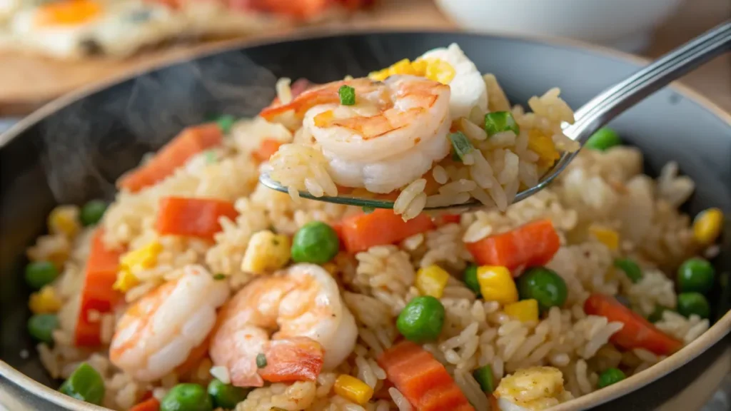 Cooking Fried Rice with Egg, Chicken, and Shrimp