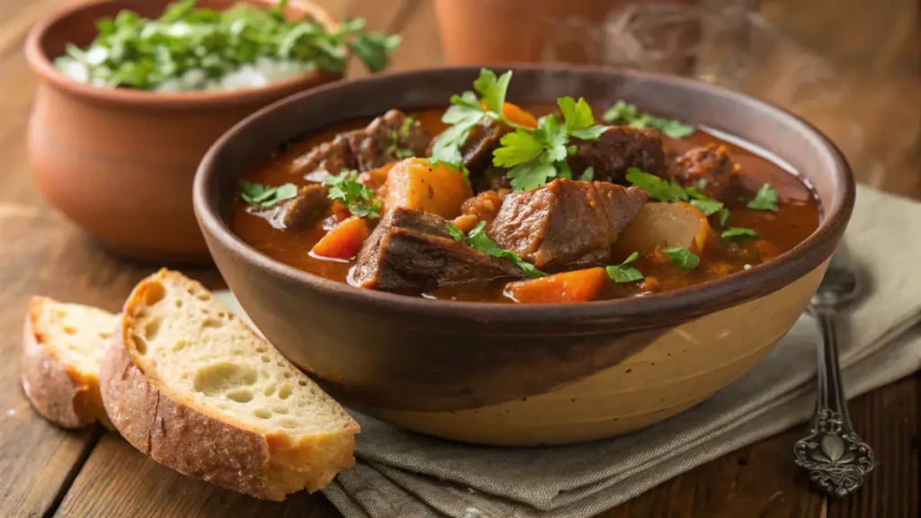 "A bowl of hearty beef stew with root vegetables and a side of crusty bread"