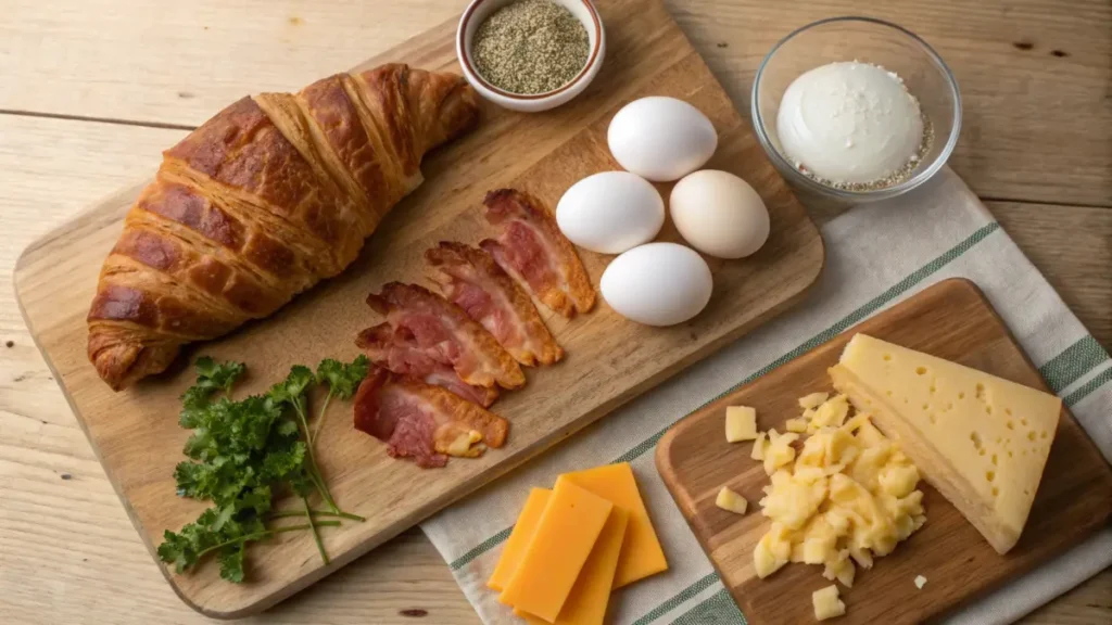 Ingredients for bacon egg and cheese croissant: eggs, bacon, croissant, cheese, and herbs on a wooden cutting board.