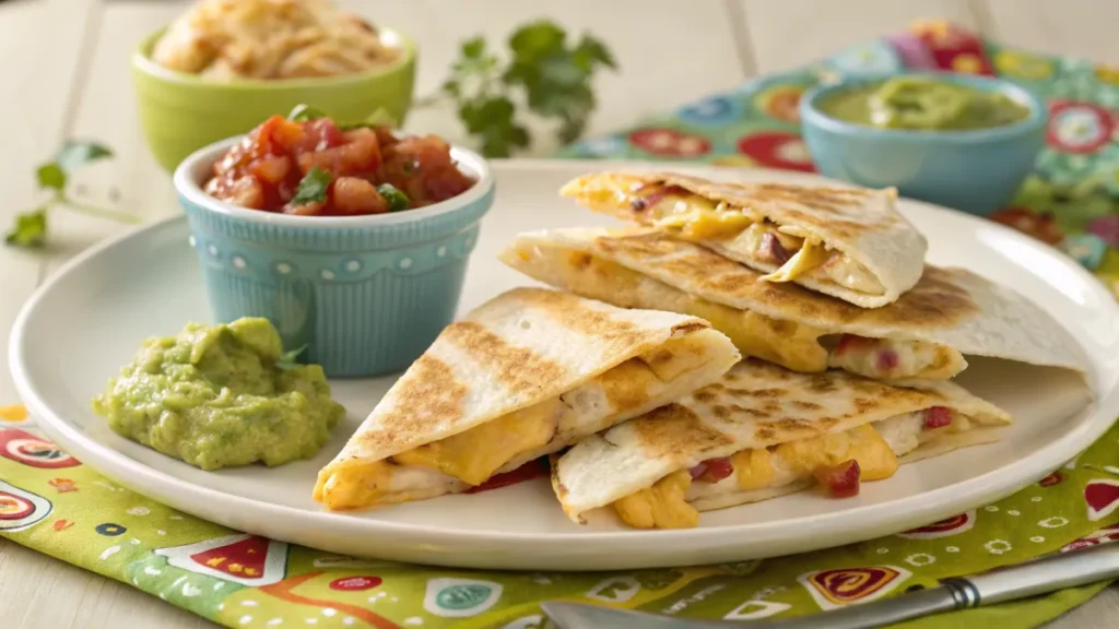 Kid-friendly cheesy chicken quesadillas made from rotisserie chicken leftovers.

