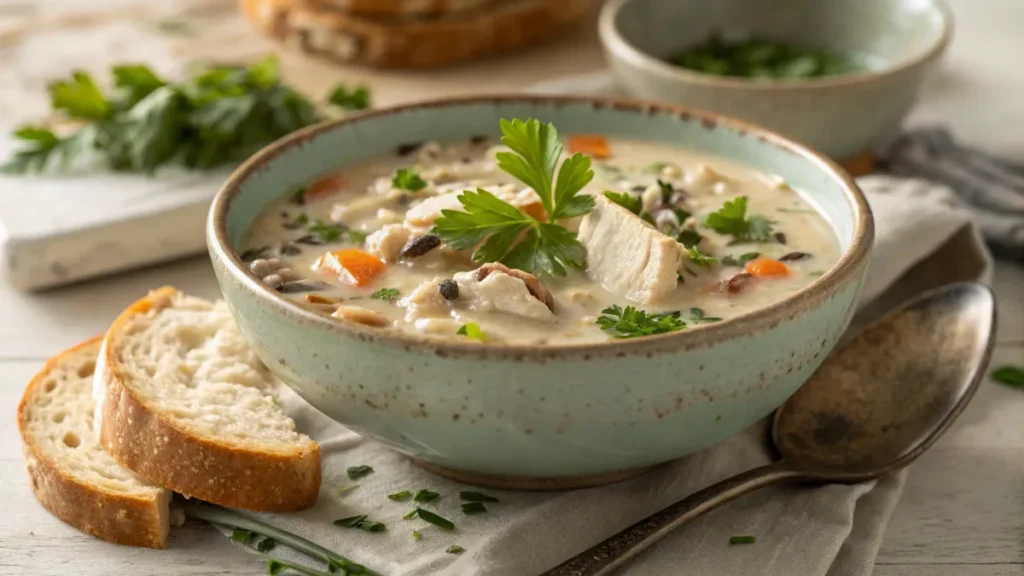 Creamy chicken and wild rice soup with leftover rotisserie chicken.