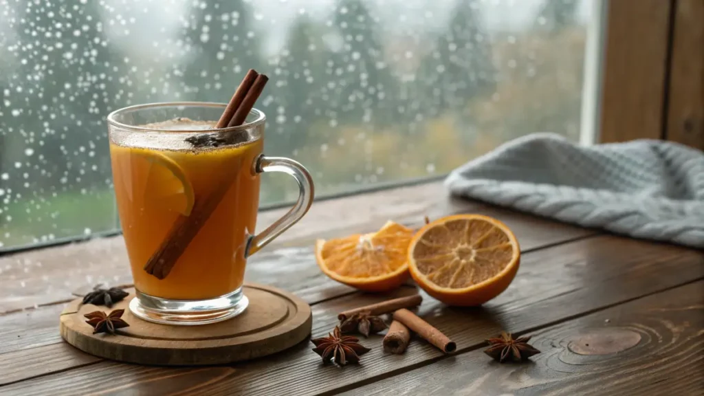 "A steaming mug of spiced apple cider with a cinnamon stick"