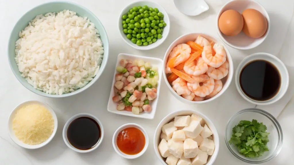 Ingredients Needed for Fried Rice with Egg, Chicken, and Shrimp