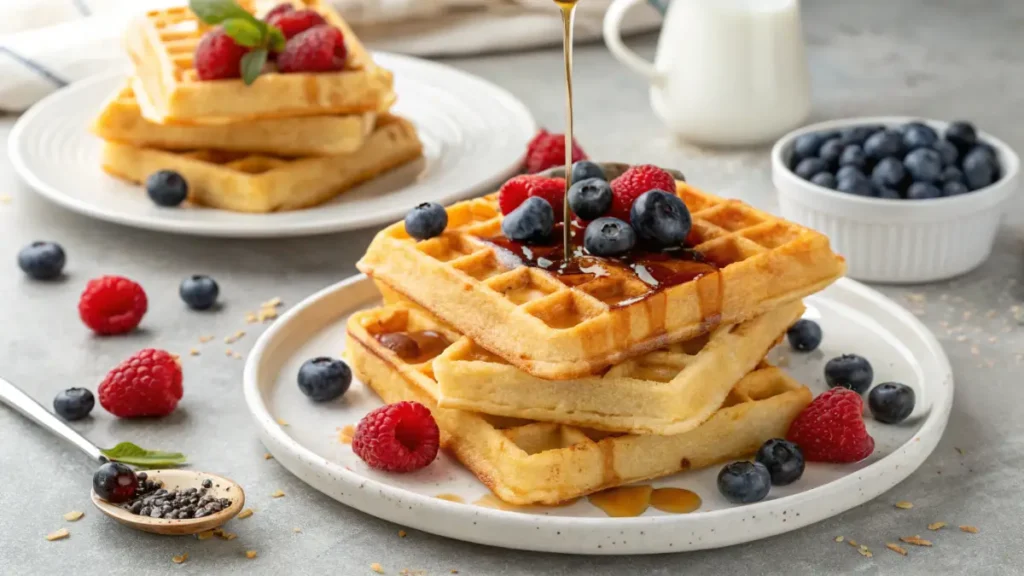 "Cassava flour waffles with fresh berries and a drizzle of maple syrup."