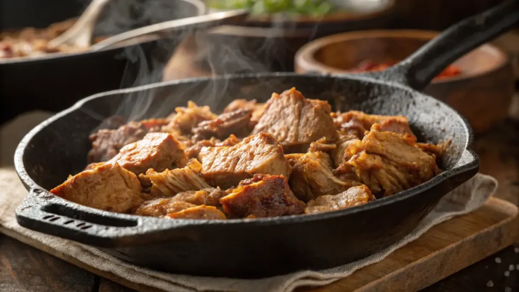 Carnitas cooking in a skillet with crispy edges.