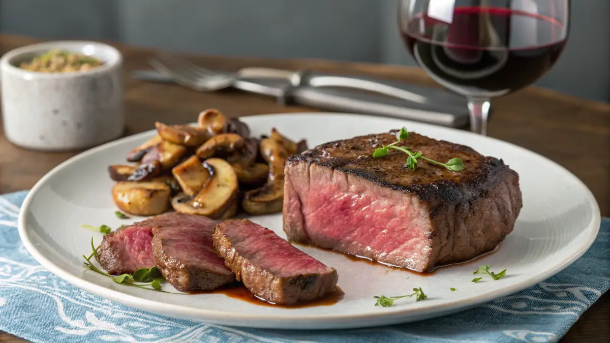 Delicious steak dinner with mushrooms and wine"