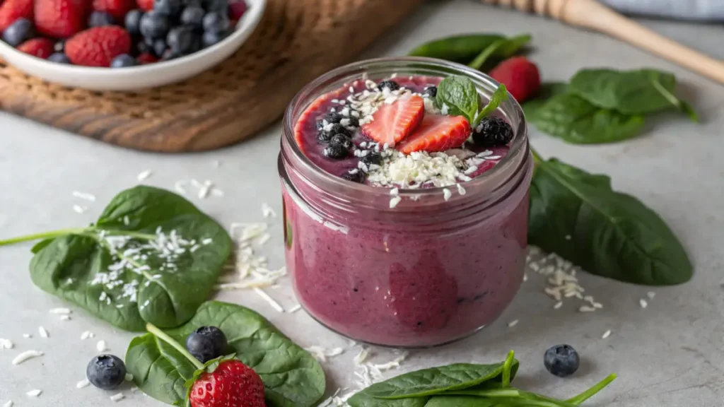 A refreshing AIP smoothie with berries and spinach in a glass jar on a white table.