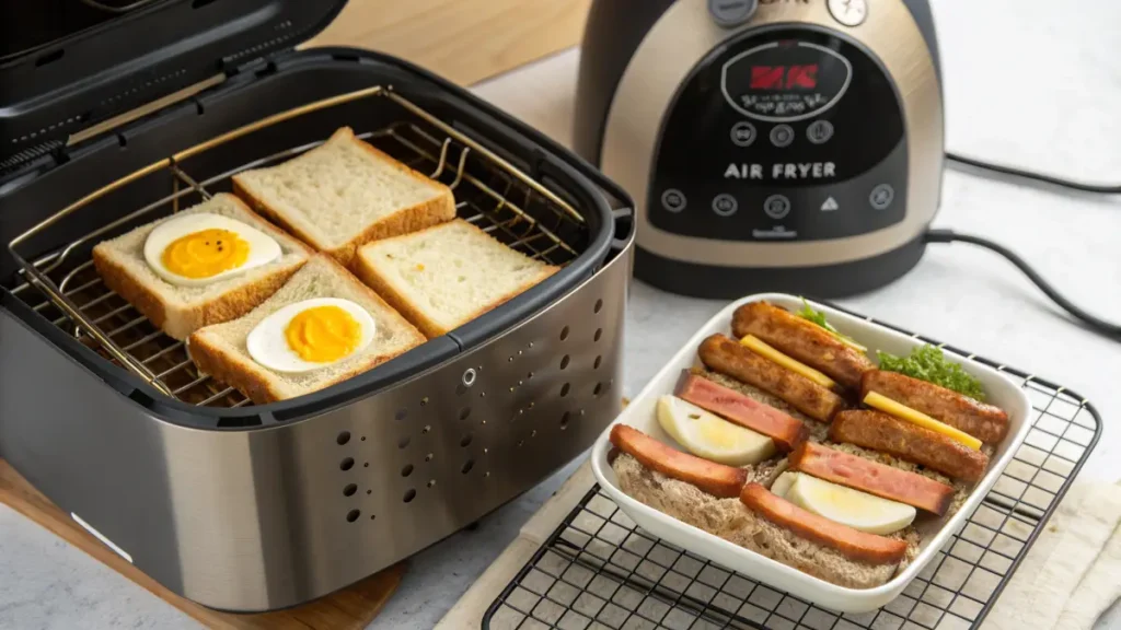 Jimmy Dean breakfast sandwich components cooking in an air fryer basket.