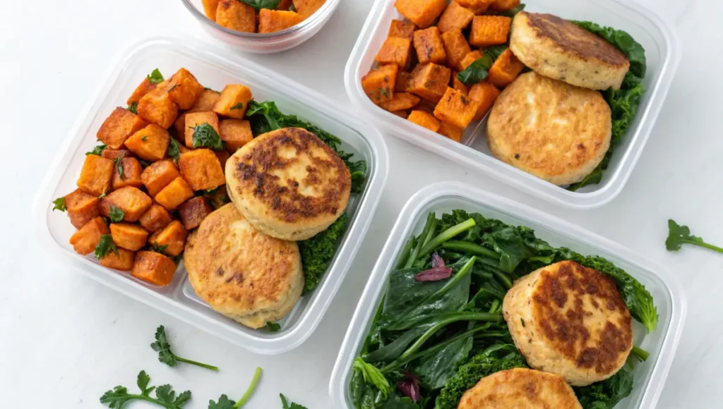 "Batch-prepped AIP breakfast patties stored in meal containers."