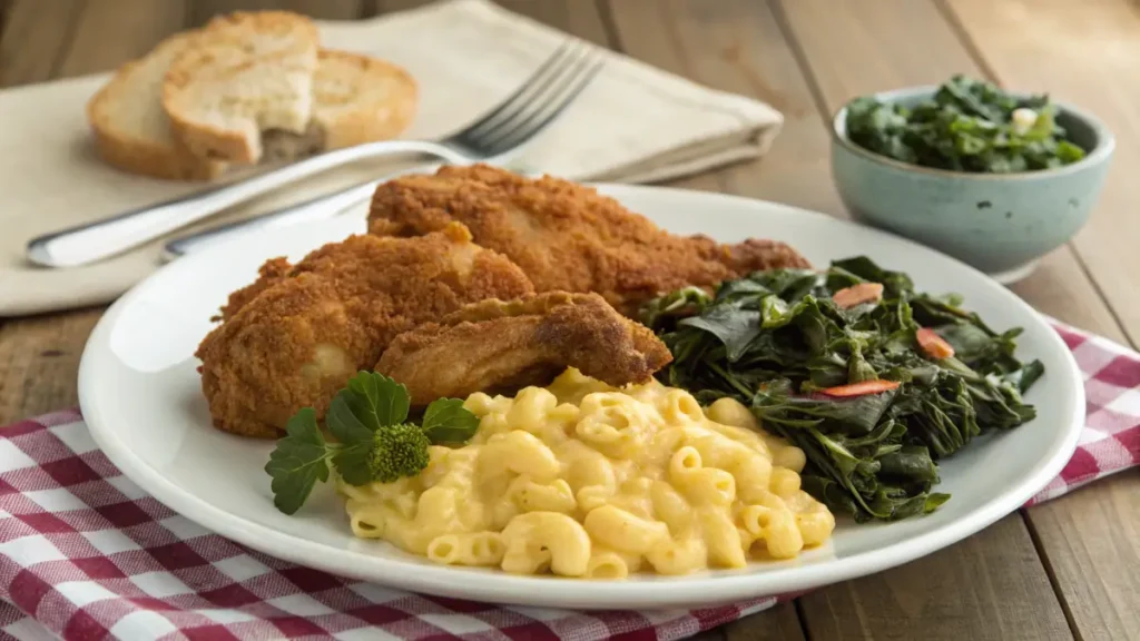 A plate of fried chicken served with collard greens and a side of macaroni and cheese.