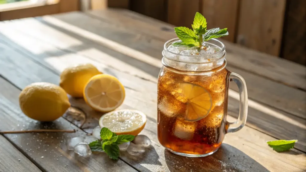 A glass of iced sweet tea garnished with lemon slices and mint.