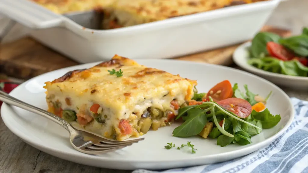 A slice of no egg breakfast casserole served on a plate with a garnish of parsley.