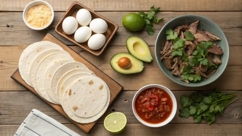  Ingredients for carnitas breakfast with eggs, including pork, eggs, spices, tortillas, and fresh veggies.