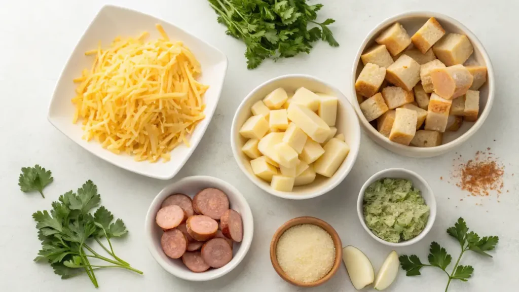 Ingredients for no egg breakfast casserole, including hash browns, bread, cheese, and vegetables.