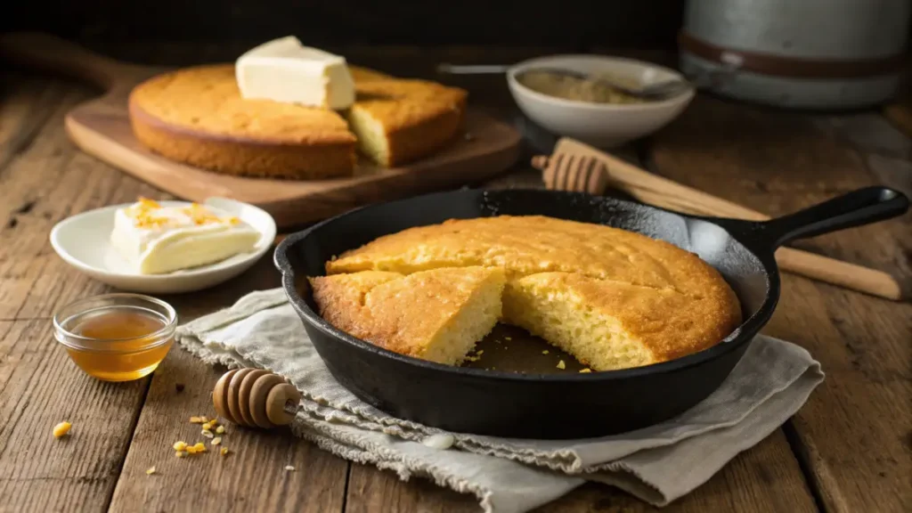 A skillet of golden cornbread fresh from the oven with a slice cut out.