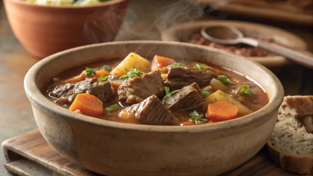 Hearty beef stew in a rustic bowl