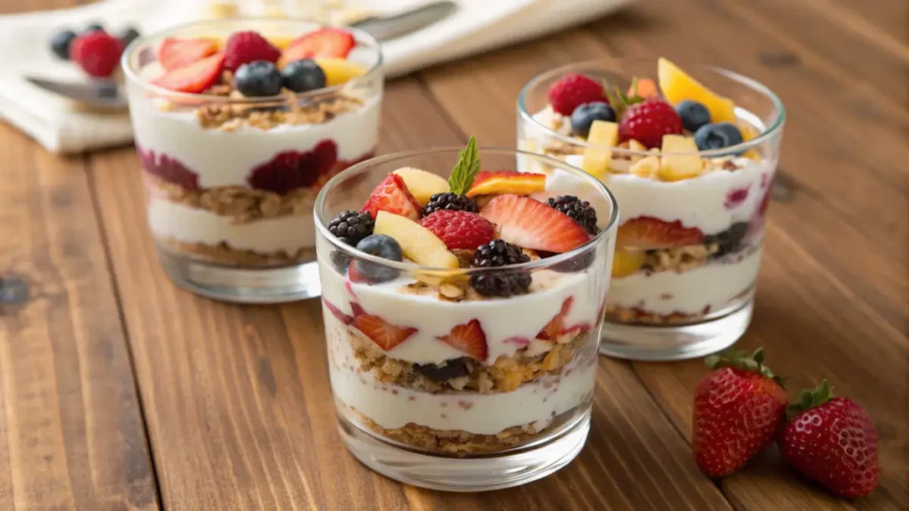 A close-up of layered yogurt parfaits with granola and fresh berries.