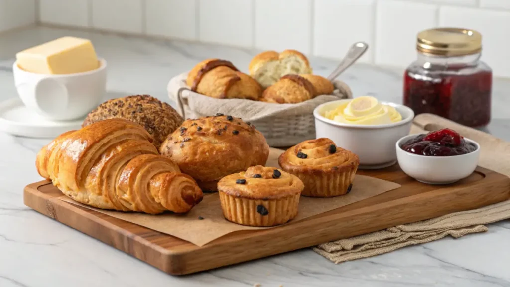 A variety of pastries and breads, including croissants, bagels, and muffins, on a wooden tray.