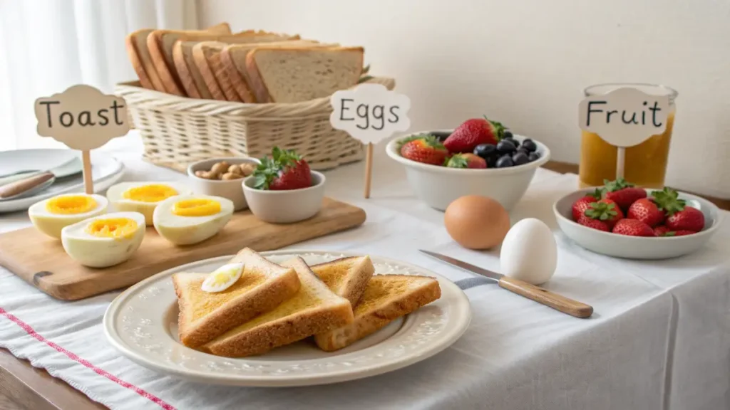 A well-organized continental breakfast table with fruits, pastries, and beverages.