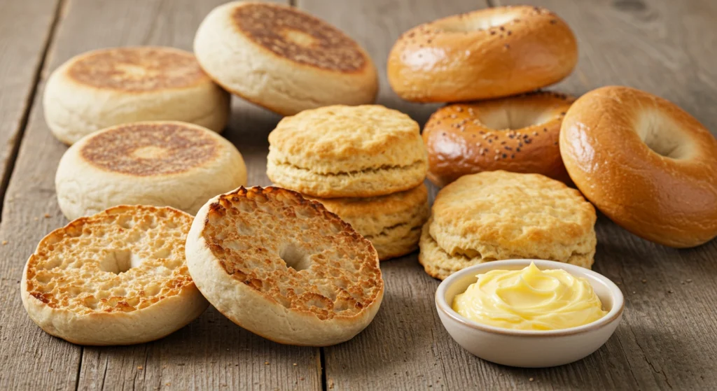 Bread options for sausage breakfast sandwiches: English muffins, biscuits, and bagels.