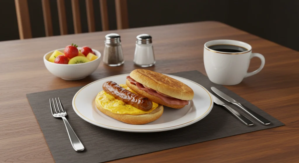 Sausage breakfast sandwich with a side of fresh fruit and coffee for a balanced breakfast.