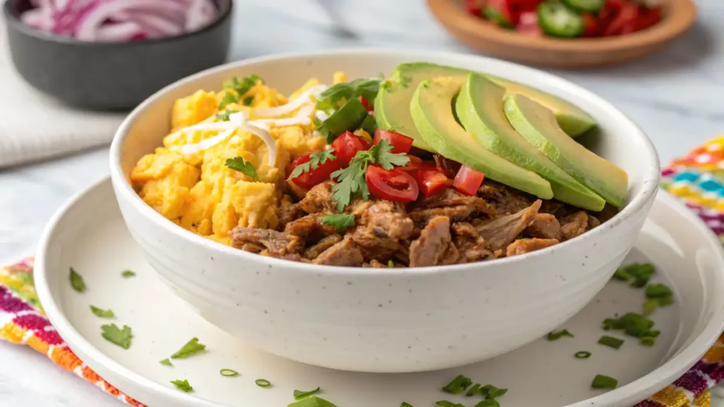 A plated carnitas breakfast bowl with eggs, veggies, and garnishes.