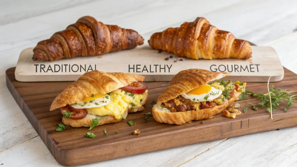 A side-by-side display of three bacon egg and cheese croissants: traditional, healthy, and gourmet versions.