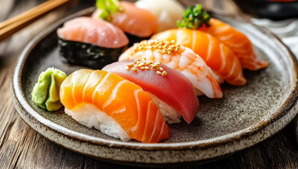 Close-up of freshly prepared nigiri sushi with tuna and salmon.