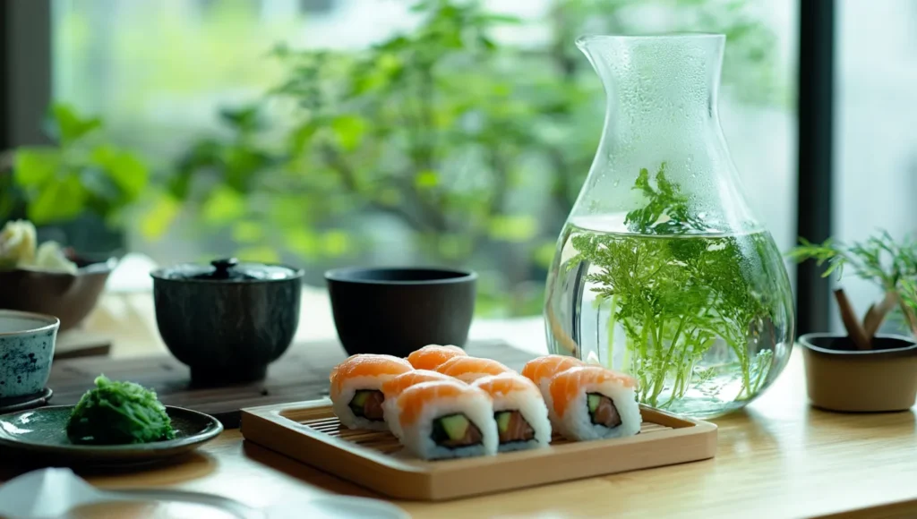 Traditional sushi with sake and green tea.