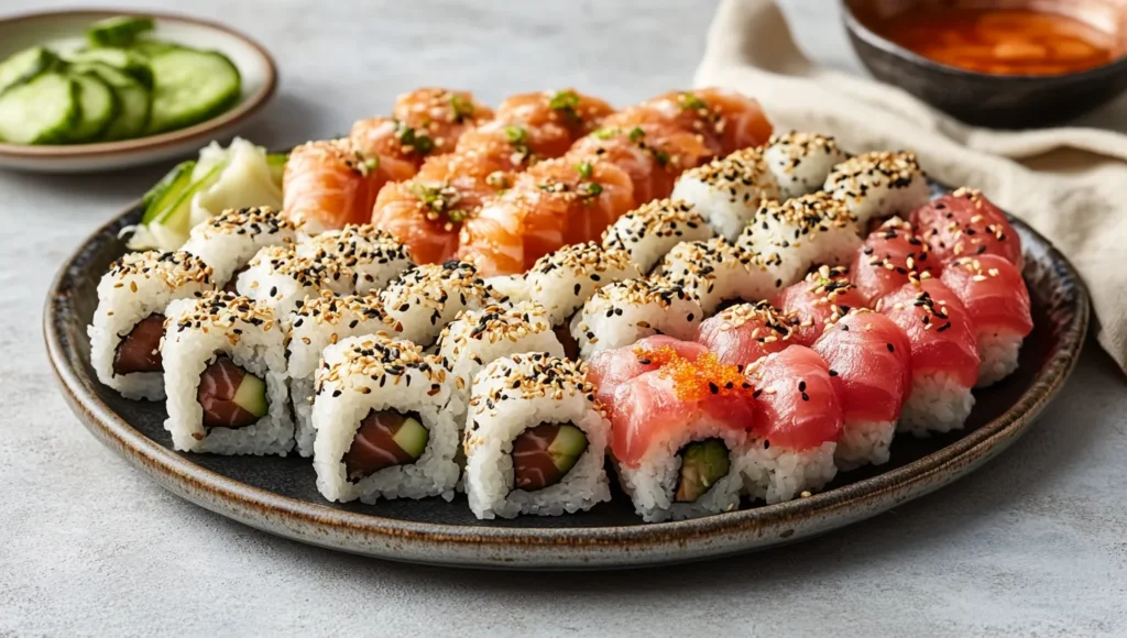 Assorted maki rolls with colorful fillings.