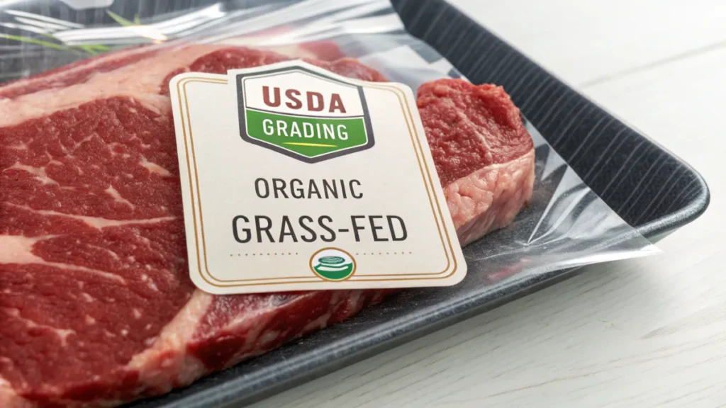 A beef loin steak label showing USDA grading and organic certification.