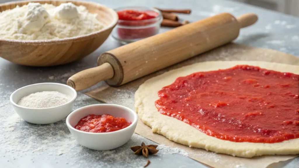 Dough rolled out with red coconut filling spread evenly, ready to be rolled into a Salara loaf