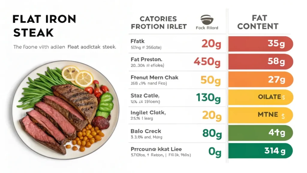 Nutritional chart of flat iron steak showing calories, protein, and fat content.