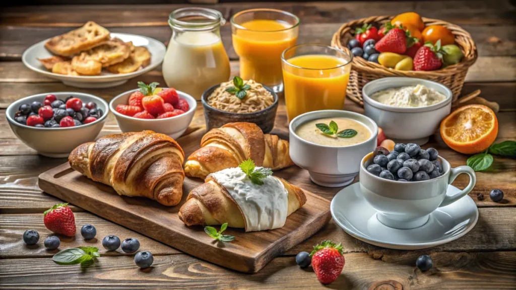 Continental breakfast spread with croissants, fruit, and coffee