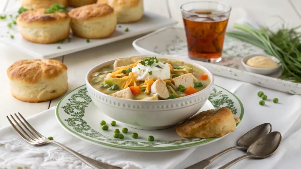 Chicken pot pie in popovers served with a variety of toppings