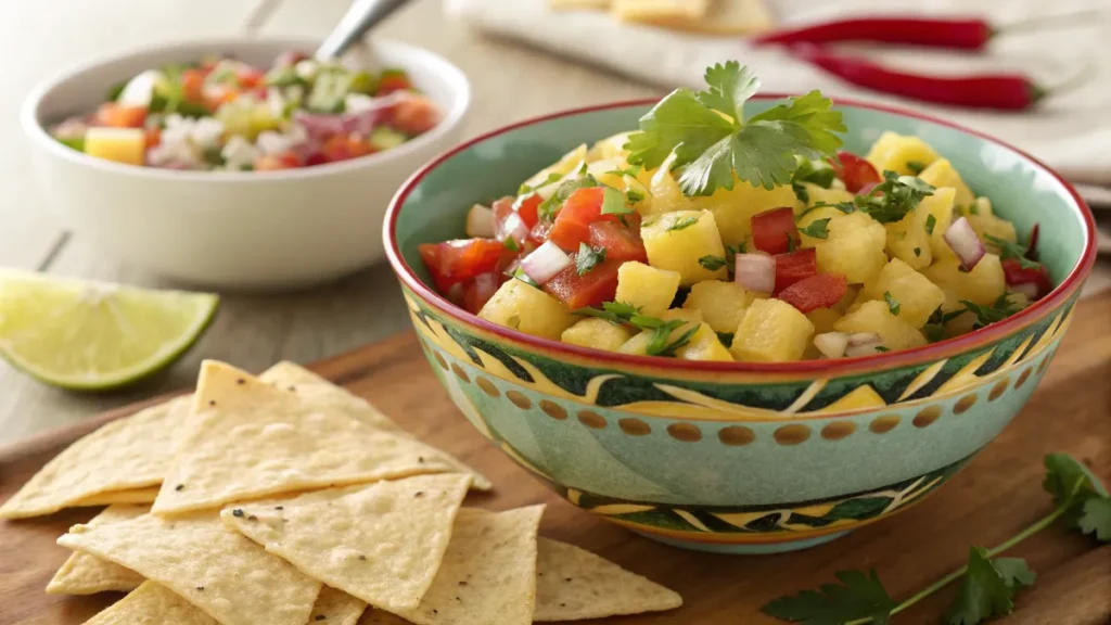 Bowl of pineapple salsa with tortilla chips.