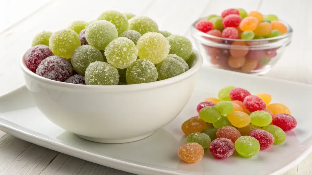 A comparison of sour frozen grapes and sour candies side by side.