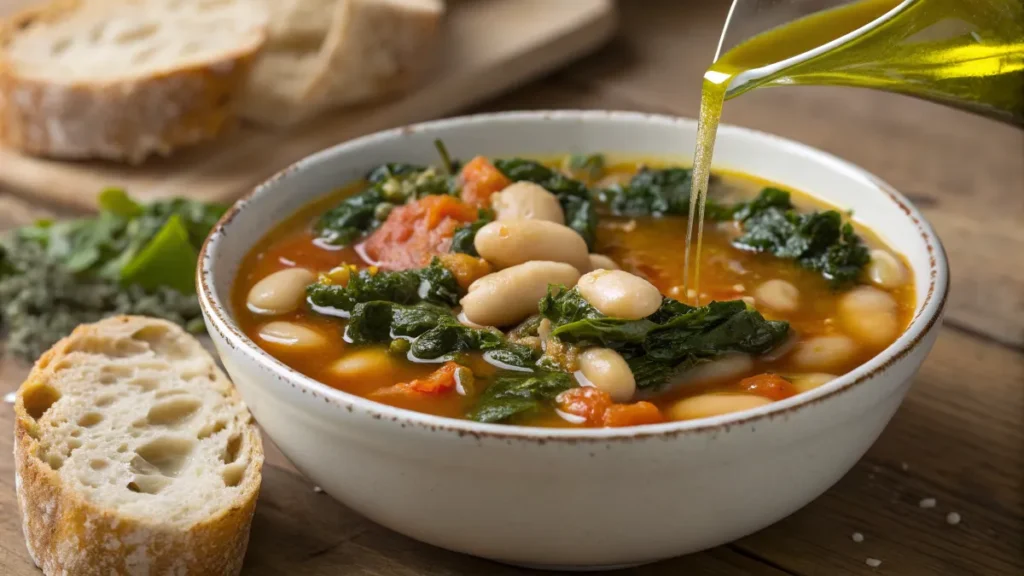 Tuscan bean soup with kale and bread on the side