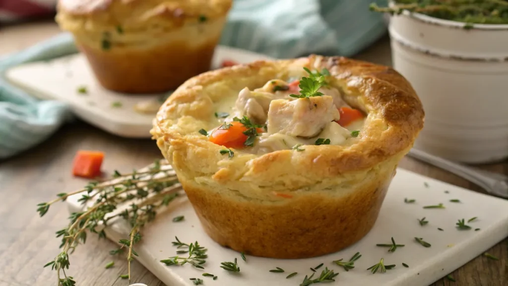 Fluffy popover filled with chicken pot pie filling