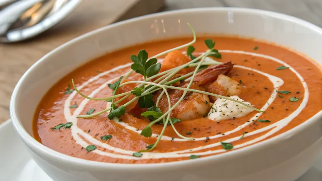 Langoustine bisque garnished with herbs and cream.