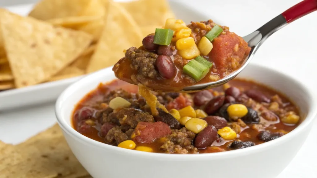 A delicious spoonful of taco soup Frios with Fritos