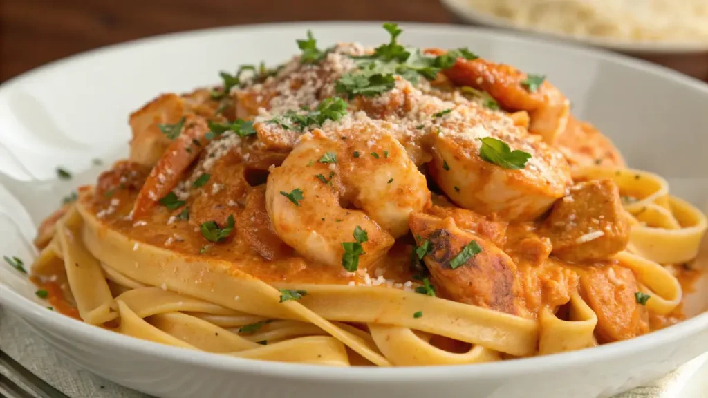  Creamy Cajun chicken and shrimp pasta garnished with Parmesan and parsley