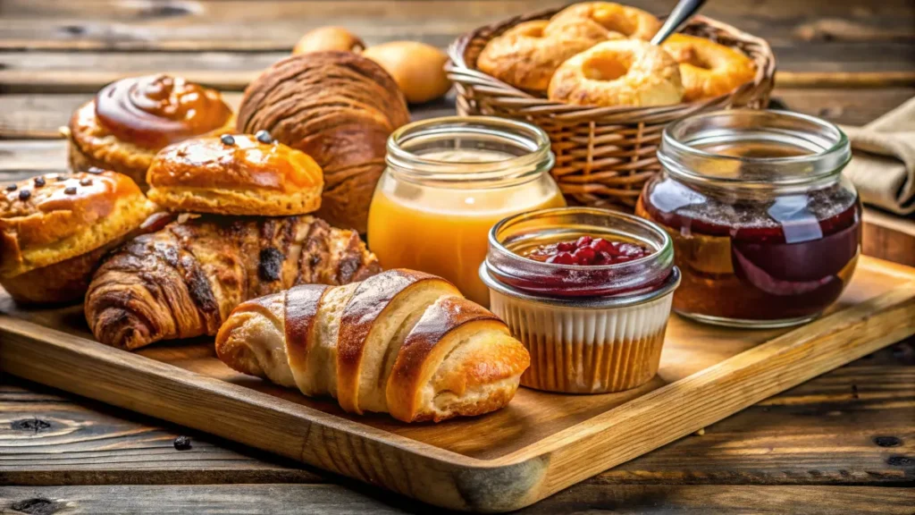 Selection of fresh croissants, muffins, and bagels with spreads