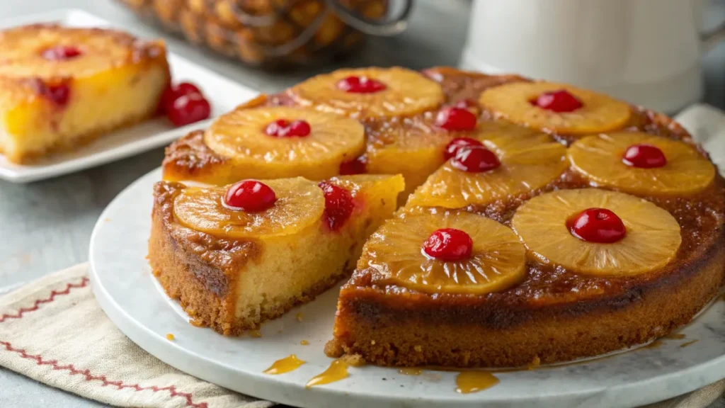 Pineapple upside-down cake with caramelized pineapple rings and cherries.