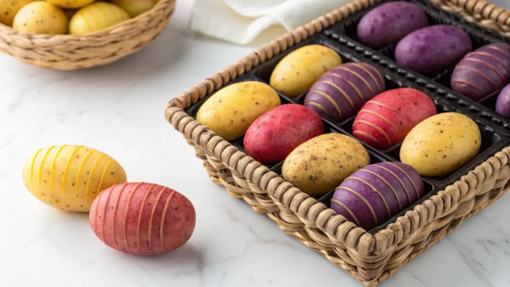 Colorful raw marble potatoes in a basket